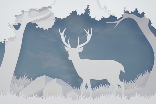 3D rendering design, Paper art and craft style of Deer in the forest.