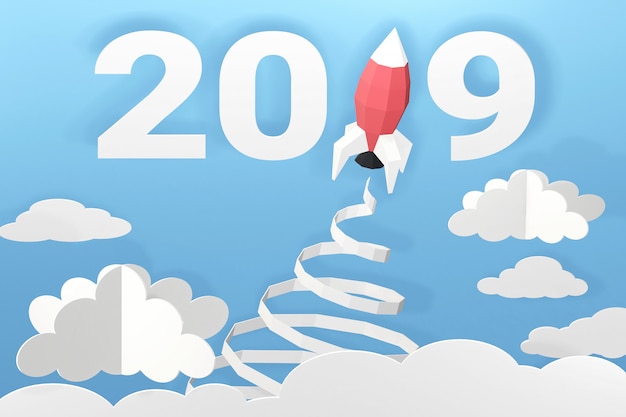 3D rendering design, Paper art style of Happy new year 2019 with Rocket launch in the sky.