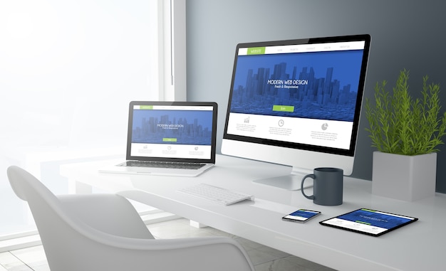 3d rendering of desktop with all devices showing modern design website. 