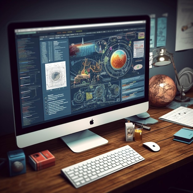 Foto rendering 3d di un desktop con un computer e una mappa del mondo