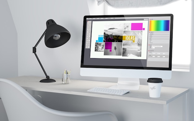 3d rendering of a desktop workplace with computer showing graphic design software.