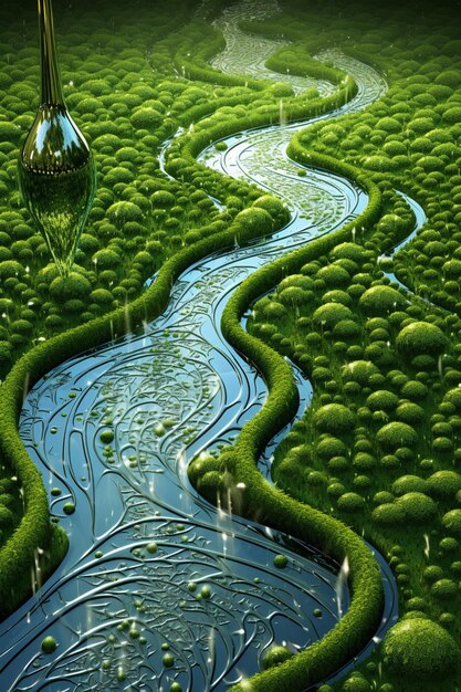 a 3D rendering of a dewdrop maze on a single leaf