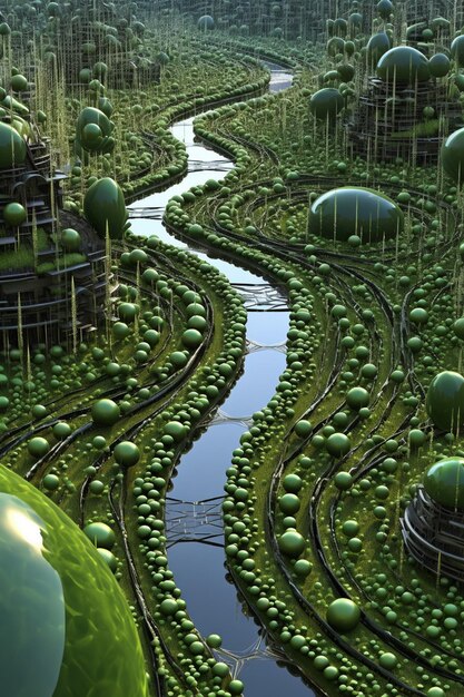 a 3D rendering of a dewdrop maze on a single leaf