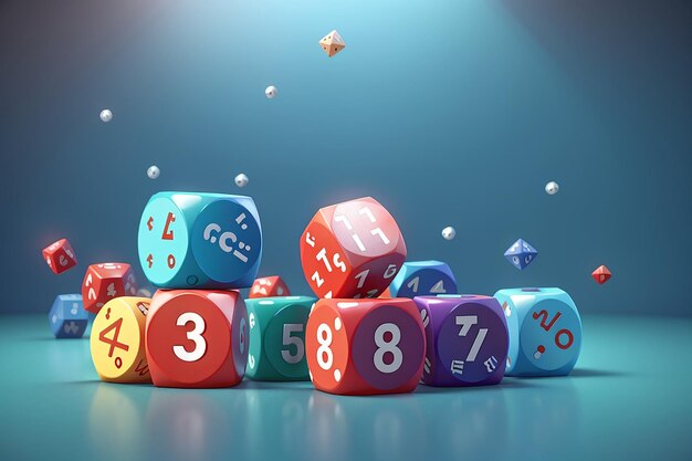 3d rendering of dice with math symbol on background 3d render illustration cartoon style