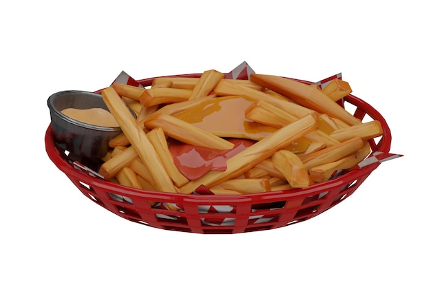 3D-rendering dienblad met chips en sauzen