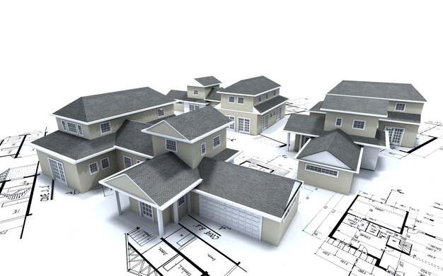 3D rendering of different residential architecture models on top of blueprints