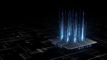 3d rendering of digital binary data on microchip with glow circuit board background.