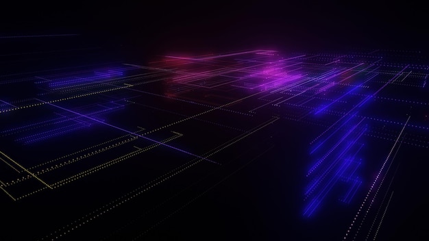 3D rendering of a digital neon mesh made of bright lines and dots