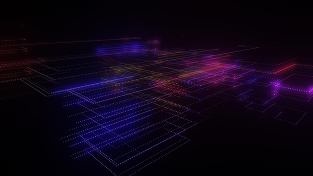 3D rendering of a digital neon mesh made of bright lines and dots