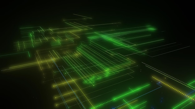 Photo 3d rendering of a digital neon mesh made of bright lines and dots