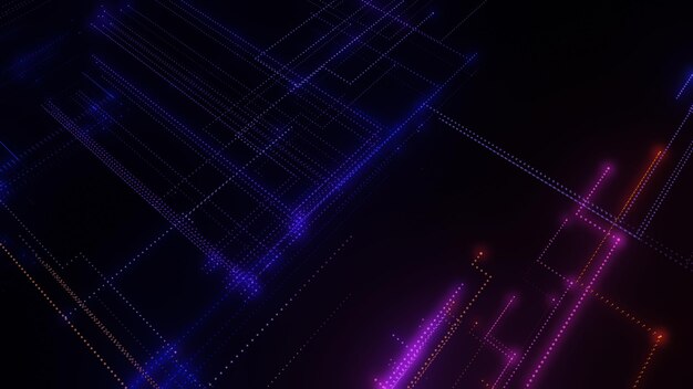 Photo 3d rendering of a digital neon mesh made of bright lines and dots