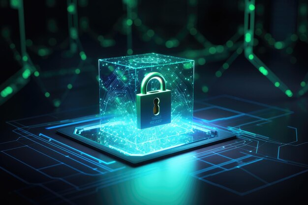 Photo 3d rendering of digital padlock on the tablet cyber security concept cybersecurity concept hologram alongside a picture on the background with a padlock ai generated