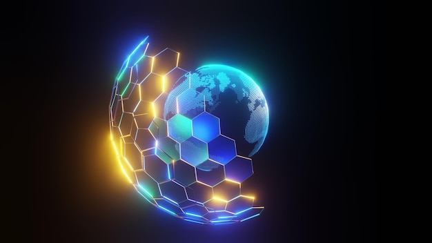 3D Rendering Digital planet Blue glowing hexagonal mesh Global network and communication concept Earth globe business high tech background