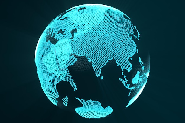 3D-rendering digitale aarde hologram concept Technologie beeld van globe blauwe futuristische kleur met lichtstralen