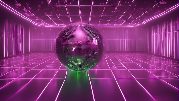 Rendering 3d di una palla da discoteca in una stanza futuristica con luci viola