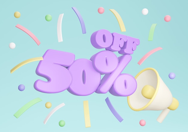 Photo 3d rendering of discount banner 50 percent with megaphone confetti on background. 3d render. 3d illustration.