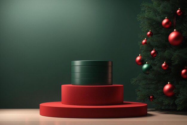 3D rendering of display red and green color podium for branding and product presentation on pedestal display background