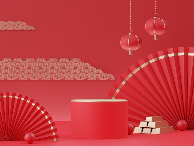 3d rendering of displays stand podium with Chinese lunar new year theme for ox year