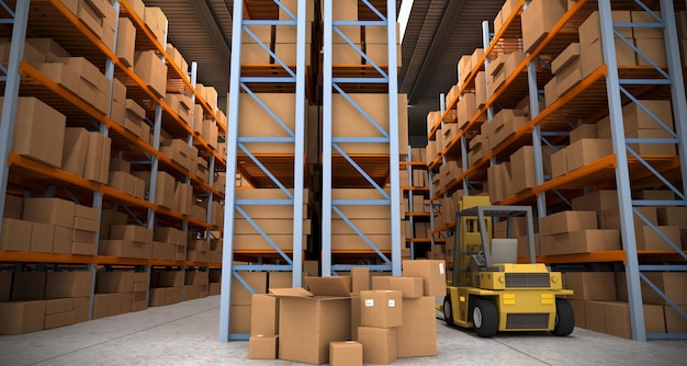 3D rendering of a distribution warehouse with shelves racks boxes forklift