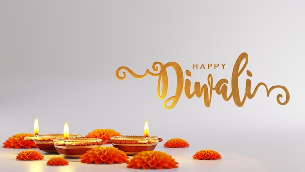 Photo 3d rendering for diwali festival diwali deepavali or dipavali the festival of lights india with gold diya patterned on color background