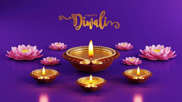 3d rendering for diwali festival diwali deepavali or dipavali the festival of lights india with gold diya patterned on color background