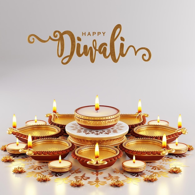 디발리 (Diwali) 또는 디파발리 (Deepavali) 의 3D 렌더링은 빛의 축제 인 인도에서 황금 디아가 색상에 무를 고 있습니다.