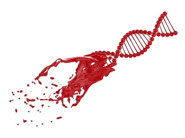 흰색에 고립 된 혈액 스플래시와 3d 렌더링 dna 나선