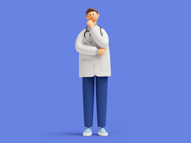 Foto 3d rendering doctor cartoon personage staan en denken