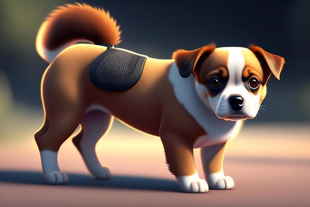 3d rendering of a dog with a leash on a blurred background