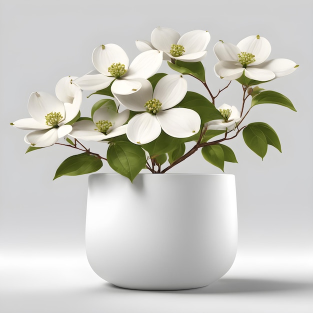 Foto rendering 3d di dogwood blossom in un vaso bianco minimalista isolato su sfondo grigio ai generativa