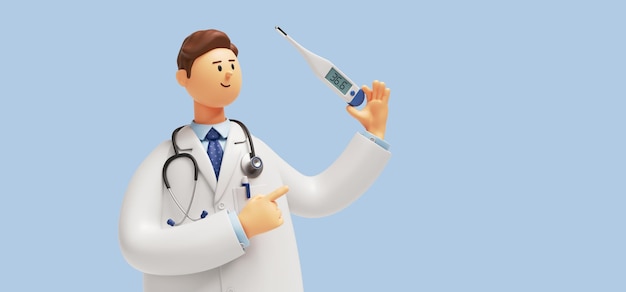 3D rendering dokter cartoon personage met stethoscoop houdt thermometer vast
