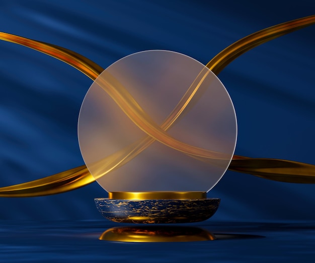 3D-rendering donkerblauw leeg podium met gouden vloeibare vorm
