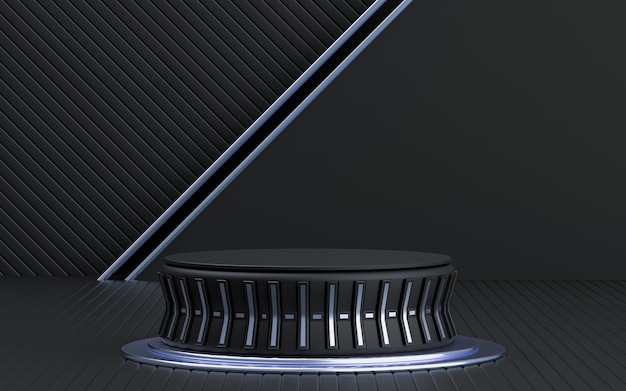 3D-rendering donkere podiumstudio op de vloer met abstracte vormen Platform voor productpromotie