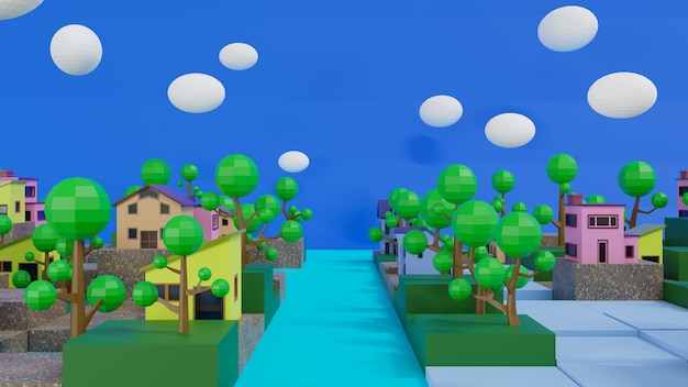 3D-rendering dorp op volwassen kubus en lowpoly boom.