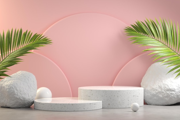 3d Rendering Double Step Podium Stand Pink Pastel Nature Rock Palm Scene Background