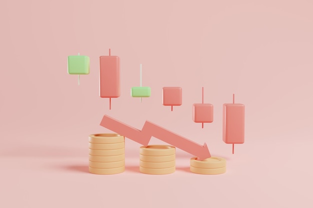 3D rendering downtrend candle sticks arrow and stacking coins on pink background Downtrend stock and crypto currency invesment situation concept