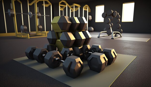 3D Rendering Dumbbells on The Floor on The Gym Background Generative AI