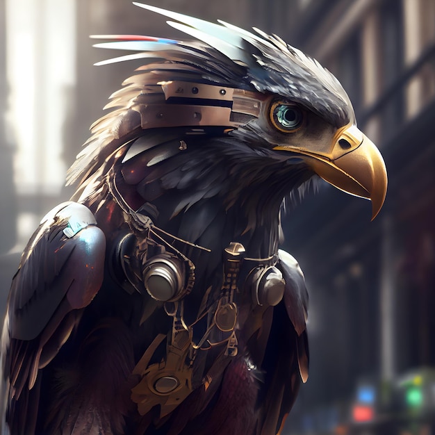 3d rendering of an eagle with headphones on the head in the city