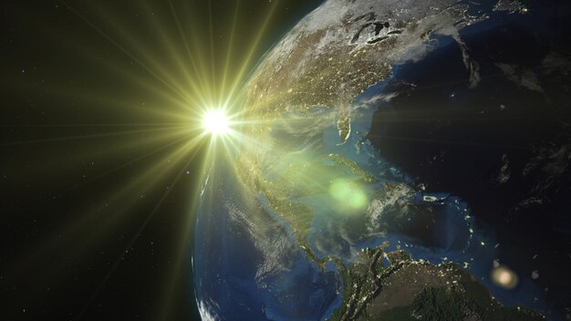 3D rendering Earth from space against the background of the starry sky and the Sun