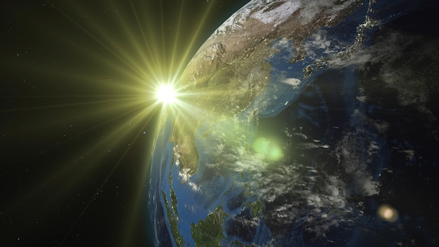 Photo 3d rendering earth from space against the background of the starry sky and the sun