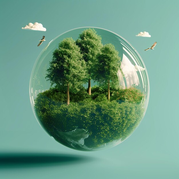 3D rendering of Earth globe with green trees inside a glass sphere world health day concept