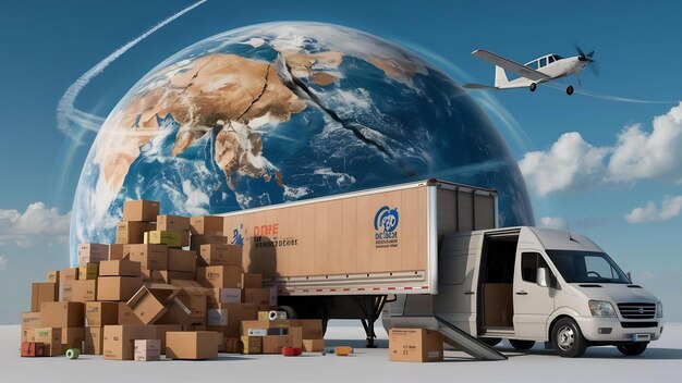 3d rendering of the earth a pile of boxes a truck a plane and a van