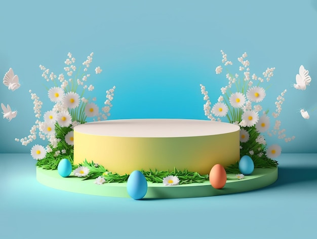 Photo 3d rendering of easter background banner with product podium scene eggs and flower