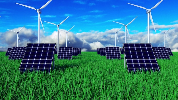 3d rendering ecology green landscape with solar battery and windmill computer generation background