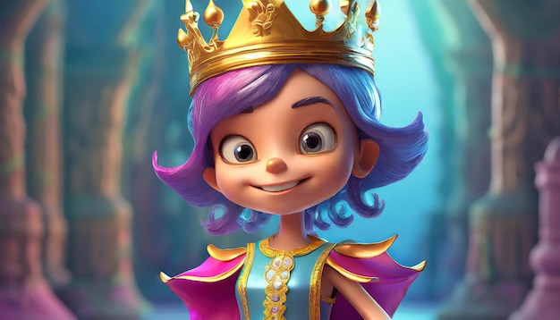 3d rendering Een close-up van een cartoon personage met een jurk en een kroon
