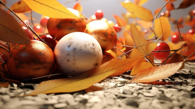 3d rendering of an egg surrounded by autumn leaves