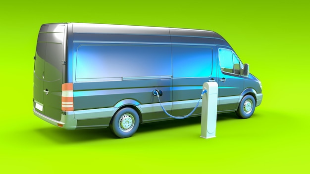 3D rendering of an electric van at a charging station