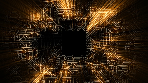 Photo 3d rendering of an electrical pulse passing through the circuits of a microcircuit