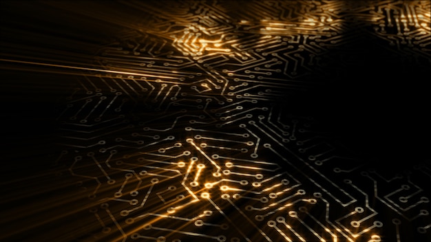 3d rendering of an electrical pulse passing through the circuits of a microcircuit