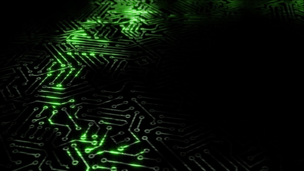 3D rendering of an electrical pulse passing through the circuits of a microcircuit